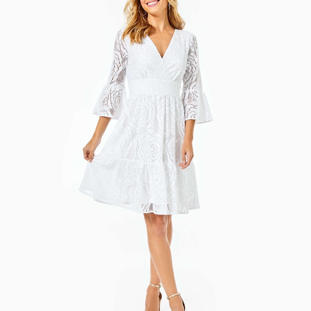 Lilly Pulitzer White Lace V-Neck Tiered Midi Dress